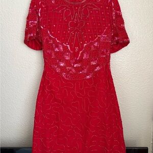 SO Vintage Red Beaded Sequin Dress Short Sleeve